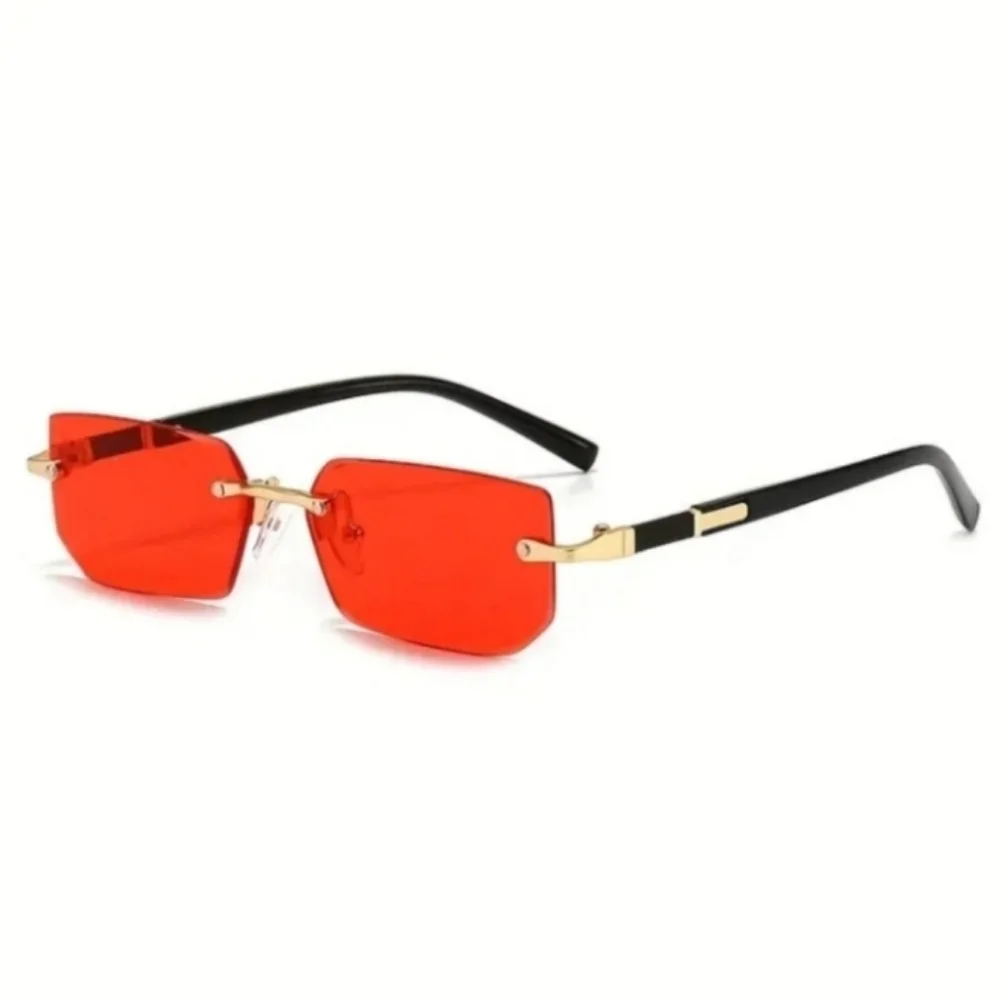 Red and Black Rimless Sunglasses with Metallic Accents